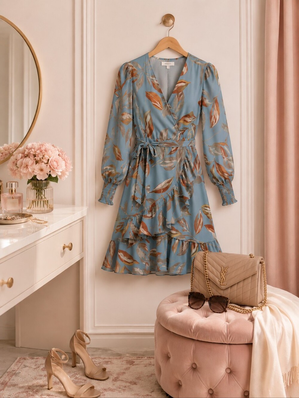 Blue Floral Wrap Dress | Long Sleeve Ruffle Mini | Feminine Romantic |NWT Medium - Picture 8 of 9